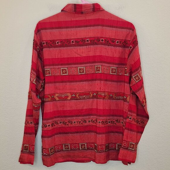 Chico's Design Shirt Womens Medium Red Silk Embroidered Beaded Button Up Casual - Picture 8 of 12